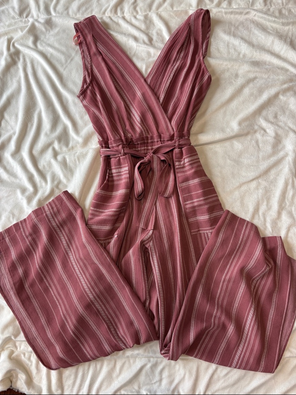 Monteau Mauve-Striped Wrap Jumpsuit with Tie Waist